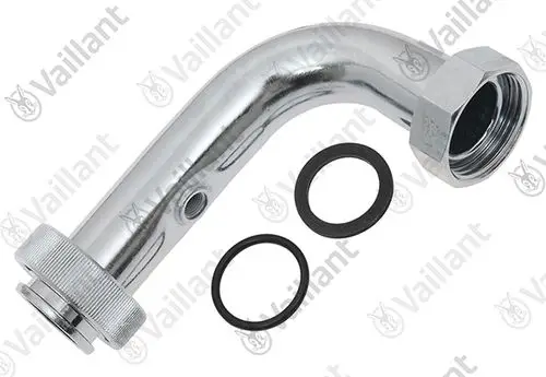 Vaillant Rohr mit gebogenem Design, versehen mit zwei O-Ringen und einem Gewindeanschluss. Ideal für Heizsysteme und Rohrleitungen.